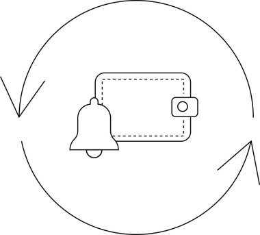 Bildirim çanı ve dairesel okları olan bir cüzdan simgesi, basit, temiz tasarım güncellemelerinde finansal uyarıları, hatırlatıcıları veya aktarımları sembolize eder.