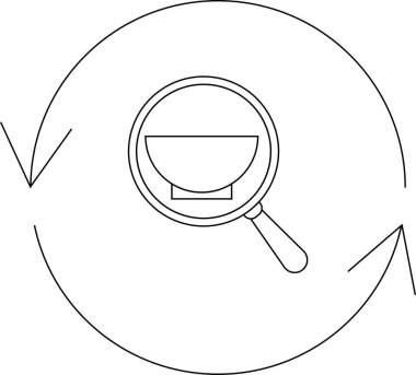 Bir kase dairesel bir ok içinde büyütülür, yiyecekle veya içerikle ilgili incelemeyi, analizi veya döngüsel süreçleri sembolize eder..