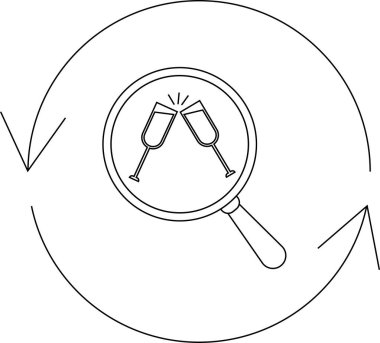 Bir büyüteç, dairesel bir ok içinde düzenlenen kutlama ya da özel olayları sembolize eden iki şampanya bardağına odaklanır..