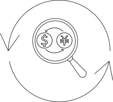 Büyüteç ve oklarla döviz kurları analizi, dolar ve yen sembolleri, finansal konsept, iş ve yatırım, vektör illüstrasyonu