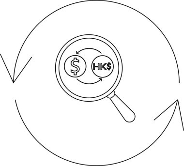 Bir dolar işareti ve Hong Kong dolar sembollü döviz simgesi büyüteç altında dairesel bir okla çevrili..
