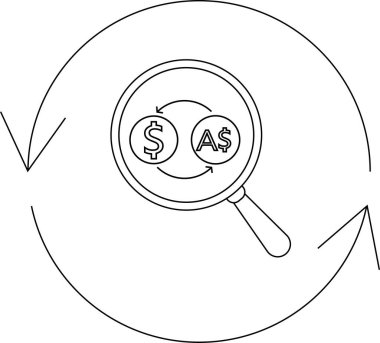 Bir büyüteç, dolar ve Avustralya dolar sembolleri ve dairesel oklar içeren döviz döviz simgesi, mali işlemleri ve küresel ticareti sembolize ediyor.