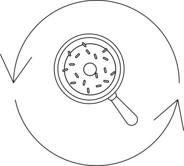 Büyüteç altında bir çörek, denetimi ve kalite kontrolünü sembolize ediyor dairesel bir süreç içinde. Gıda güvenliği, kalite güvencesi ve sürekli iyileşme için ideal.