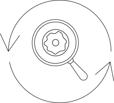 Donut, dairesel oklarla çevrili bir büyüteçle, gıda denetimini, kalite kontrolünü veya malzemelerin detaylı incelenmesini sembolize eden bir büyüteçle denetlenir..