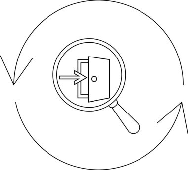 Bir büyüteç, içe bakan bir ok ile bir kapıya odaklanır, dairesel, döngüsel bir süreç içindeki giriş analizini sembolize eder.
