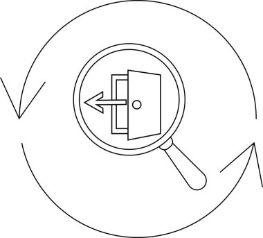Bir büyüteç, çıkış stratejisini sembolize eden dairesel oklarla çevrili, solu gösteren bir okla açık bir kapıya odaklanır..