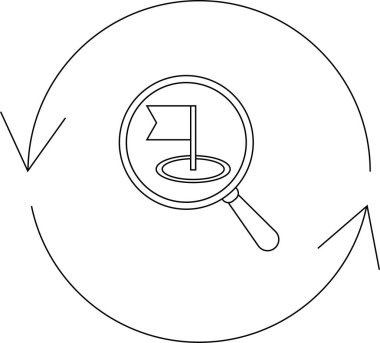 Yuvarlak oklarla büyüteç ve yineleme işlemi yoluyla hedef keşfi tasvir eden siyah ve beyaz çizgili bir resim çizimi.