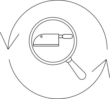 Bir bıçak, dairesel bir okla çevrili bir büyüteç altında görünür. Bu da bir inceleme ya da analiz döngüsü olduğunu gösterir..