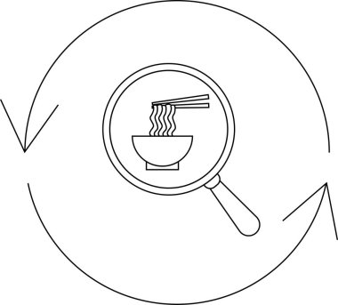 Bir tabak erişteye odaklanmış bir büyüteç tasvir eden minimalist bir sanat çizgisi çizimi yemek arayışını ya da mutfak keşiflerini sembolize ediyor..