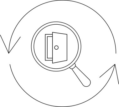 Büyüteç, dairesel oklarla çevrili açık bir kapıya odaklanır. Keşif ve fırsatları sembolize eder..