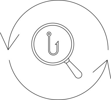 Çengelin üzerinde büyüteç bulunan, dairesel oklarla çevrili, sahtekârlık girişimlerini tanımlama ve ele alma sürecini sembolize eden bir phishing algılama simgesi..