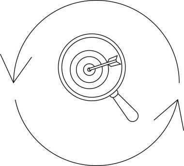Bir çizgi, hedeflenen aramayı ve iş stratejisindeki sürekli gelişmeyi sembolize eden oklu bir hedefe odaklanmış bir büyüteç tasvir eder..