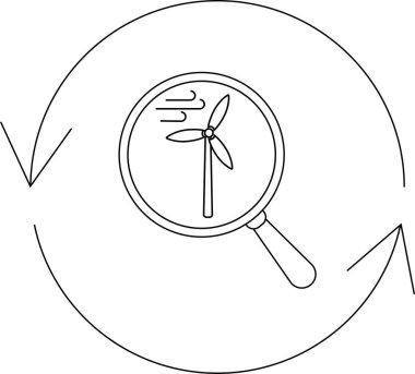 Bir rüzgar türbini, yenilenebilir enerji ve çevresel sürdürülebilirliği temsil eden dairesel oklarla çevrili bir büyüteçle denetlenir..