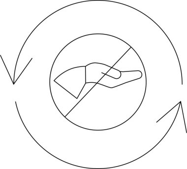 Dairesel bir ikon, eli çizilmiş, dairesel bir okla çevrili, döngü sürecinde yasağı veya kısıtlamayı sembolize ediyor.