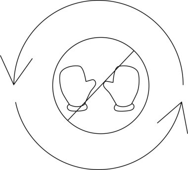 Dairesel bir sembol, çemberin içinde işaretlenmiş bir çift eldiven içeriyor, çemberin içinde çemberin içinde döngü sürecini ya da yasağı gösteren oklarla çevrili..