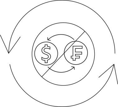 Bir dolar ve bir frank sembollü döviz simgesi ile değiş tokuşu gösteren oklar.