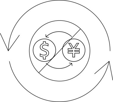Dolar ve yen arasındaki döviz alışverişinin yasaklandığını gösteren net bir çizim, mali kısıtlamaları sembolize ediyor.