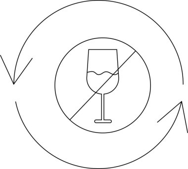 A circular symbol with arrows indicating a cycle, surrounding a crossed-out wine glass, representing no alcohol, abstinence, and recovery.
