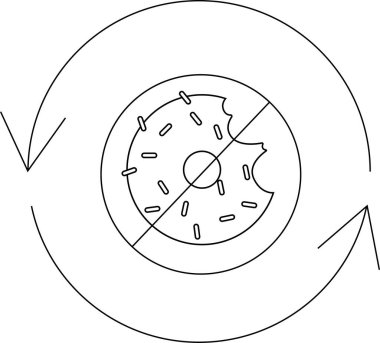 A black and white illustration of a donut with a bite taken out of it, crossed out, surrounded by circular arrows.