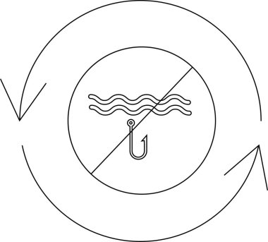 Çevre koruma ve koruma çabalarını temsil eden, döngüyü gösteren oklarla çevrili, içinde balıkçılık yasağı işareti olan dairesel bir sembol..