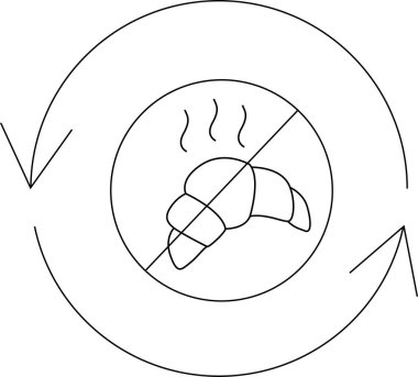 Dairesel bir sembol, çemberin içinde bir kruvasan ve içinde bir çizgi var. Dönen oklarla çevrili sıcak hamur işleri yok..