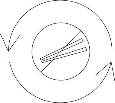 Geri dönüşüm döngüsünün içine çizilmiş tek kullanımlık çubukları gösteren siyah ve beyaz bir sembol, kullanım alışkanlıklarının yasaklandığını ya da vazgeçildiğini gösteriyor..