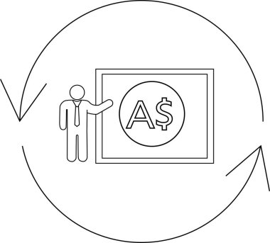 Avustralya dolar döviz kuru sunan bir kişi, dairesel oklarla çevrili, döviz kurunu ve mali işlemleri sembolize ediyor.