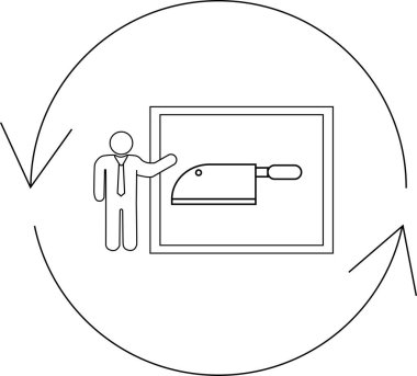 Bir kasap dükkanının kavramsal bir çizimi, dairesel, tekrarlayan bir dizayn içinde satır ikonu sunan bir adam..