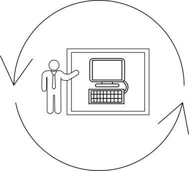 A man in a tie presents a computer screen within a circular process, symbolizing training, learning, or system updates in a continuous loop.