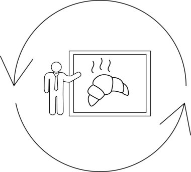 Bir iş adamı dairesel akış içinde kruvasan bir görüntü sunar, yiyecek veya iş kavramlarıyla ilgili döngüsel bir süreci veya sunumu sembolize eder..