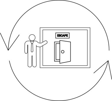 Çizgi çizimi, dairesel bir diyagram içinde ESCAPE etiketli açık bir kapıyı gösteren bir adam tasvir eder. Planlamayı ya da bir döngüyü simgeler..