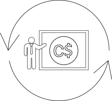 Çevresi daire şeklinde okla çevrili ve finansal bir sunum döngüsünü temsil eden Kanada Doları sembollü bir pano sunan bir adam..