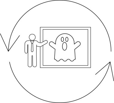 Bir sunucu ekrandaki hayaleti işaret eder, iş dünyasındaki korkuyu sembolize eder, döngüsel bir süreç içinde. Zorluklar ve ürkütücü çözümlerin kavramsal bir çizimi.
