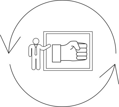 Çerçevenin içinde dairesel bir okla çevrili yumruğunu gösteren bir çizim..