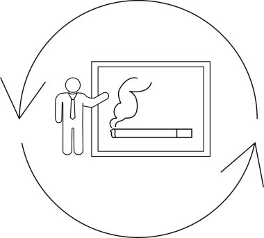 Sigara içilmez işareti. Etrafı dairesel okla çevrili sigara imgesine bakan biri var..