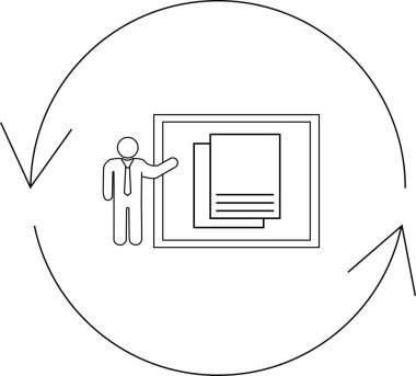 Bir sunum döngüsünün sembolik bir gösterimi, dairesel, yineleyici bir döngü içinde sunucu ve belgelerin yer aldığı, sürekli gelişmeyi ve geri bildirimi vurgulayan.