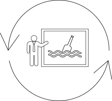 Denizde şişe sunan biri, yuvarlak bir okla çevrili şişe konseptiyle mesaj veren biri..