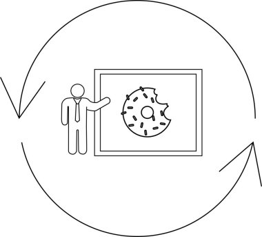 Dairesel bir okun içinde ısırık izi olan bir donut sunan biri..