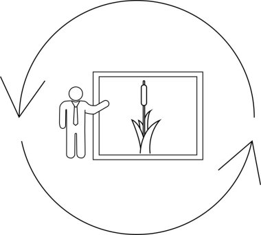 Çevresel sürdürülebilirliği ve ekolojik süreçlerin döngüsel doğasını sembolize eden dairesel oklarla çevrili bir kamış illüstrasyonunu sunan bir kişi tasviri.