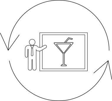 A business presentation about cocktails, with a man presenting a slide showing a martini glass, surrounded by a circular arrow.
