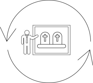 Bir sunucu, yuvarlak bir okla temsil edilen yaşamın döngüsel doğası içindeki ölümlülüğü sembolize eden mezar taşlarını gösteren bir slayta işaret ediyor..