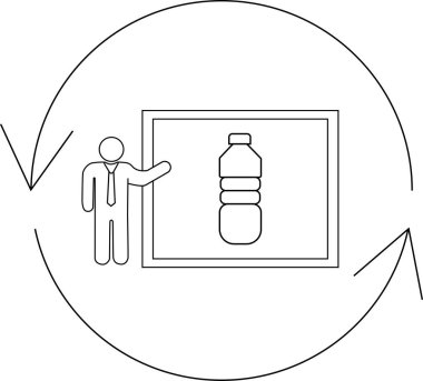 Takım elbiseli bir adam, çevresel farkındalık ve sürdürülebilirliği vurgulayan dairesel geri dönüşüm sembolü içinde canlandırılmış plastik şişe geri dönüşüm süreci sunar..