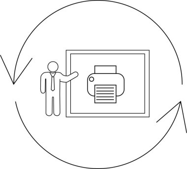 Bir adam ekranda bir yazıcı sunar, dairesel ok döngüsüyle çevrili, süreci veya iş akışını sembolize eder.