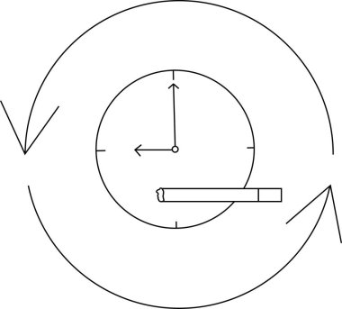 Zamanın ve bağımlılığın döngüsel doğasını sembolize eden, sigaranın yanında daireler çizen oklu bir saati gösteren kavramsal bir illüstrasyon..