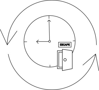 Zaman döngüsünden kaçmayı temsil eden dairesel bir okla çevrili, elleri ve kapısı olan bir saati gösteren kavramsal bir illüstrasyon..