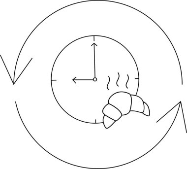 Dairesel bir okun içinde kruvasan bulunan bir saatin yer aldığı basit bir çizgi, fırın programını ya da taze hamur işleri için zamanı simgeliyor..