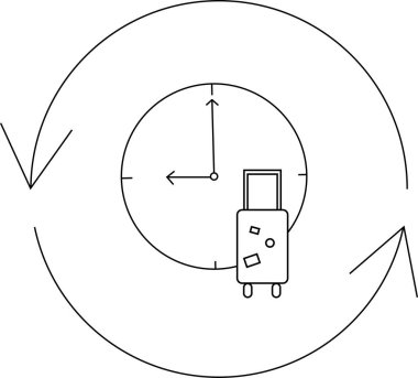 İçinde saat ve oklar olan bir bavul, seyahat zamanını ve planlamayı simgeliyor..