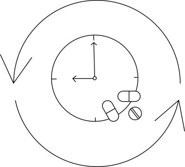 İçinde haplar ve etrafını saran oklar olan bir saat. Uygun sağlık için düzenli aralıklarla ilaç almanın önemini sembolize ediyor..