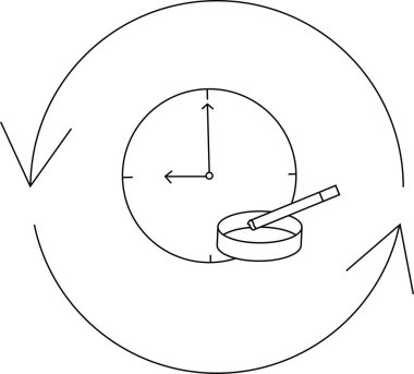 Bir saat, sigara, kül tablası ve bir döngü oluşturan oklarla bağımlılığın döngüsel doğasını tasvir eden sembolik bir illüstrasyon..