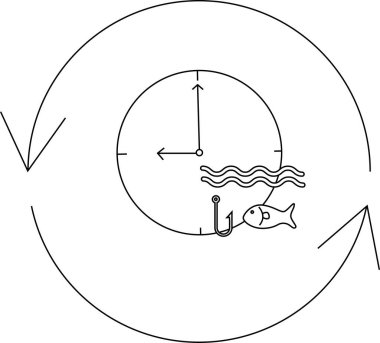 Kavramsal bir illüstrasyon, saat yüzlü bir balık ve kancayla çevrili, dairesel oklarla çevrili, zamanın akışını ve balıkçılığı temsil ediyor..